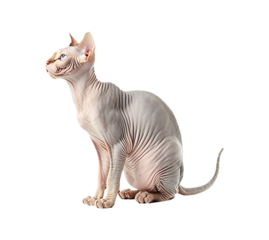 Sphynx cat sitting alert with its head tilted upwards on a transparent background
