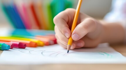Child's hand holding yellow pencil, drawing on paper with colorful markers in the background.