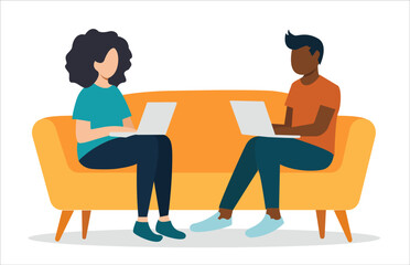 Two individuals working on laptops while sitting on a yellow couch. Minimalist vector illustration style on a white background. Concept of remote work and collaboration. Vector illustration