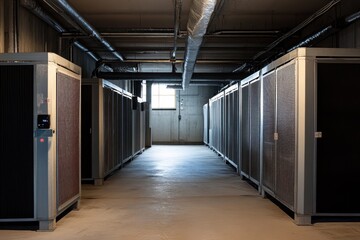 Naklejka premium Storage facility corridor with multiple units and a large window illuminating the concrete inside walls