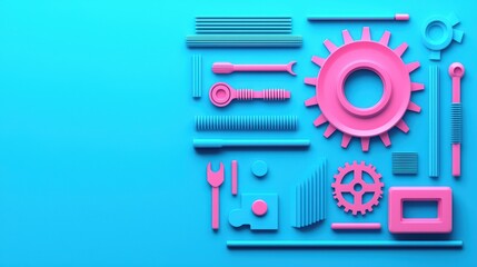 Colorful 3D rendered tools and gears on a blue background, showcasing creativity and design.
