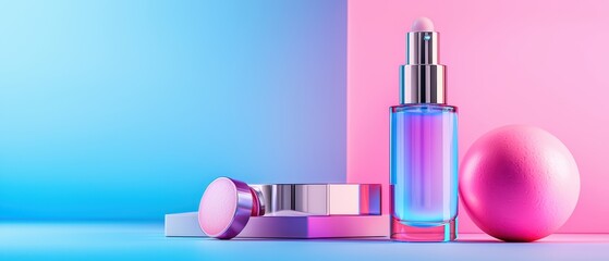 Naklejka premium Colorful beauty products on a vibrant background, showcasing cosmetics in a modern aesthetic.