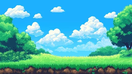 Keuken achterwand Blauw A vibrant pixel art landscape featuring lush green grass, trees, and a bright blue sky filled with fluffy clouds, evoking a classic video game scene.  © kept