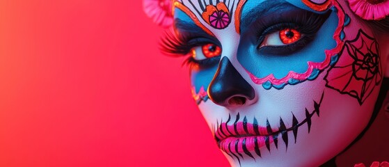 Obraz premium Colorful skull makeup with vibrant flowers, striking tones, and dramatic lighting, on a lively background.