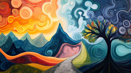Surreal Abstract Mountain Landscape with Swirling Colors