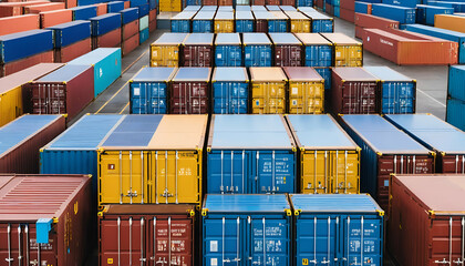 Fototapeta premium Vast shipping yard with towering stacks of colorful containers, organized in neat rows,
