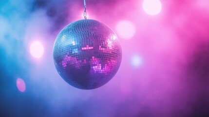 Obraz premium A reflective disco ball hangs in a vibrant party atmosphere, illuminated by pink and blue lights.