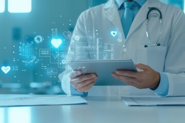 Doctor using tablet with medical data and health icons, blurred background, white isolate background.