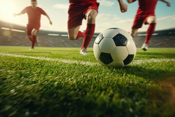 Obraz premium Exciting soccer match in action, players running towards the ball on a lush green field.