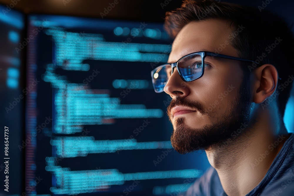 Poster focused coder working on a computer with blue code in the background, wearing glasses, high-tech env