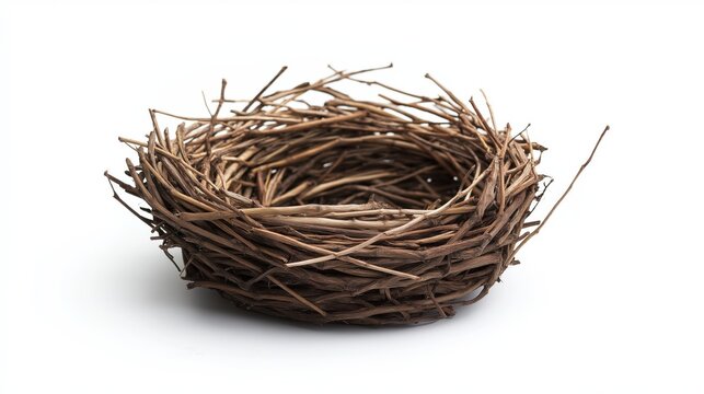 A detailed close-up of an empty bird's nest crafted from intertwined twigs.