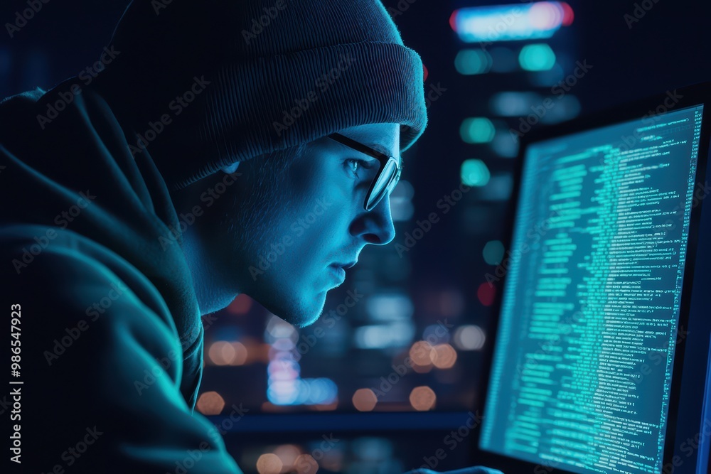 Poster focused young programmer analyzing code on a glowing computer screen in a dark environment.