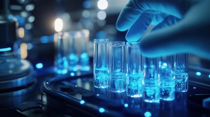 A gloved hand handles vials under sterile conditions in a high-tech laboratory.