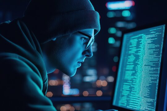 Focused young programmer analyzing code on a glowing computer screen in a dark environment.