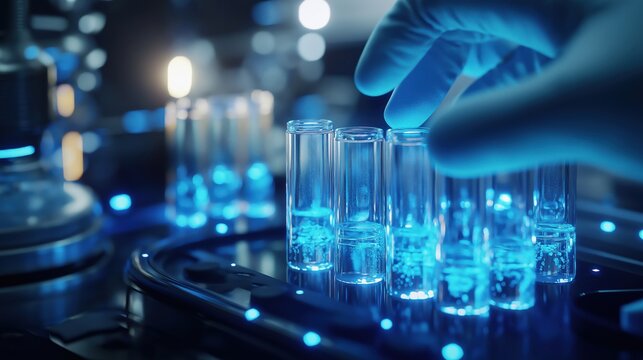 A gloved hand handles vials under sterile conditions in a high-tech laboratory.