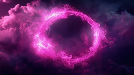 Obraz premium A vibrant purple energy ring surrounded by swirling mist, creating a dynamic and mystical visual effect in a dark background..