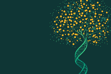 Genetic Tree of Life: Abstract illustration of a DNA double helix forming the trunk of a tree, adorned with vibrant, glowing orbs representing genetic information.  A symbol of growth, heredity.