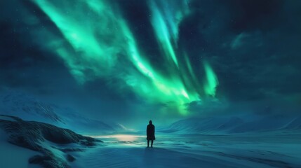 Fototapeta premium A lone figure stands on a snowy landscape beneath a glowing aurora borealis, surrounded by mountains under a starry sky.