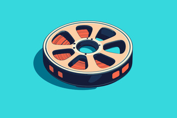 Retro Film Reel: A vibrant isometric illustration of a vintage film reel, exuding a nostalgic charm against a teal backdrop. Perfect for projects needing a touch of classic cinema. 