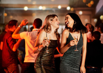 Smile, friends and dance with champagne at nightclub for birthday celebration, social reunion or...