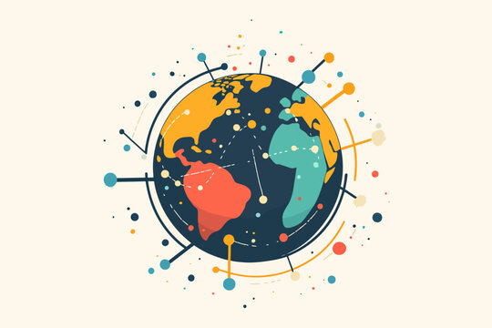 Global Connections: A vibrant illustration depicting a connected world, with a stylized earth at its center and radiating lines of interconnectedness, symbolizing global communication, networking.