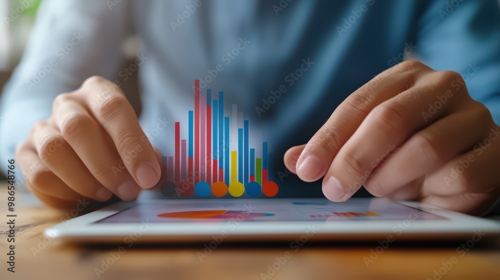Poster hands manipulating data visualization on tablet, showcasing graphs and statistics with vibrant color