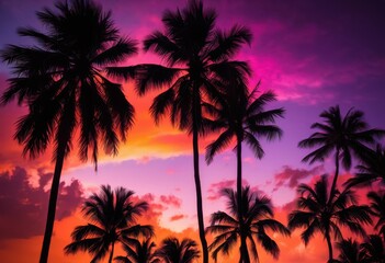 Obraz premium vibrant palm tree shadows silhouetted stunning sunset hues colorful tropical sky, nature, evening, light, bright, scenery, landscape, dusk, sunshine, horizon