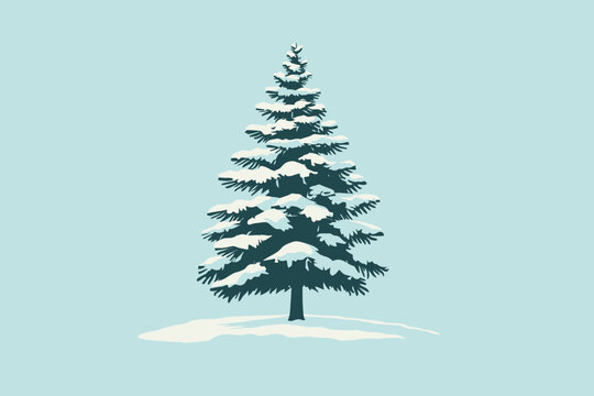 Snowy Pine Tree on Light Blue Background 