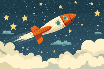 Rocket Launch: A whimsical illustration of a rocket ship soaring through a starry night sky, its fiery exhaust trail a testament to the power of dreams and ambition.