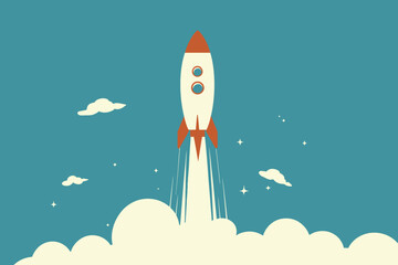 Rocket Launch: A stylized illustration of a rocket blasting off into the sky, symbolizing a new beginning, innovation, and entrepreneurial spirit. Perfect for visualizing startup ventures, ambition.