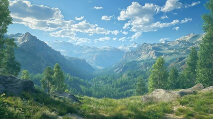 Obraz premium A breathtaking view of a vast green valley surrounded by mountains, with scattered trees and bright skies on a sunny day.