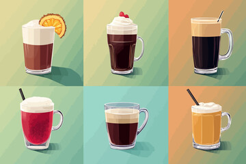 Coffee and Latte Collection: A vibrant and colorful collection of six unique coffee and latte illustrations in a flat design style. Each beverage boasts a distinct flavor and presentation.