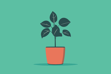 Minimalist Houseplant:  A simple, yet elegant illustration of a potted plant with dark green leaves against a soft mint green background. Perfect for home decor, interior design, and minimalist concep