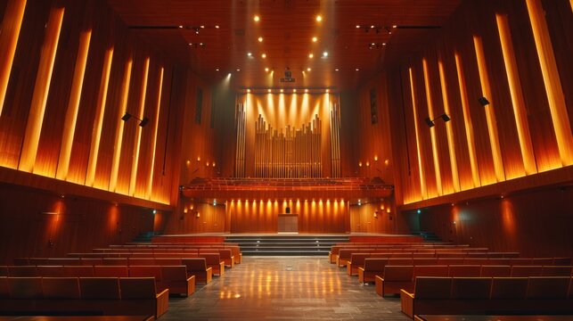 Illuminated stage lights create a vibrant atmosphere for a live performance in an urban theater at night. Generative AI