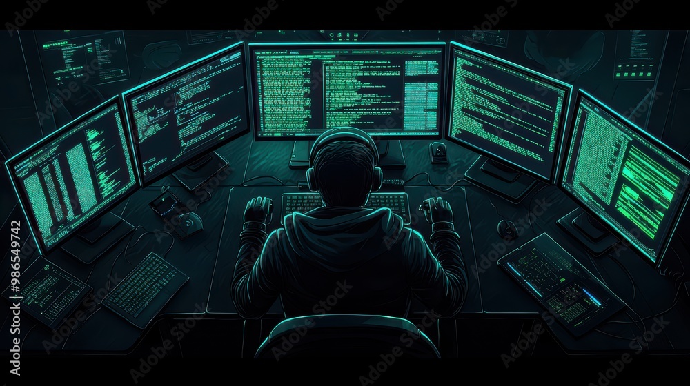 Poster person coding at multiple screens in a dark environment with green digital displays.