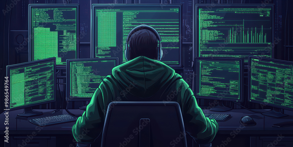 Poster person in hoodie focused on multiple computer monitors displaying code and data, dark tech environme