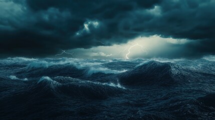 Fototapeta premium Powerful stormy ocean waves under a dark sky, with lightning bolts illuminating the horizon.