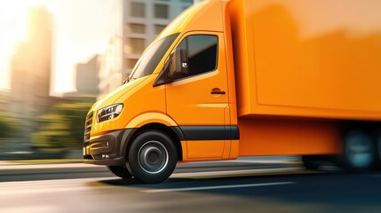 Orange delivery truck in motion on city street during sunset, conveying speed and efficiency.