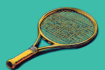 Vintage Ready: A classic wooden tennis racket, rendered in a vibrant, comic book style, rests against a turquoise backdrop, ready for action on the court. 