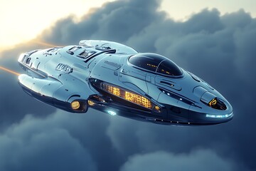 Futuristic spaceship flying through the clouds, concept of space travel, science fiction, and technology