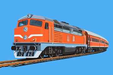 Orange Express: A vintage diesel locomotive leads a passenger train on a bright blue background, capturing the nostalgia and power of railway travel. 