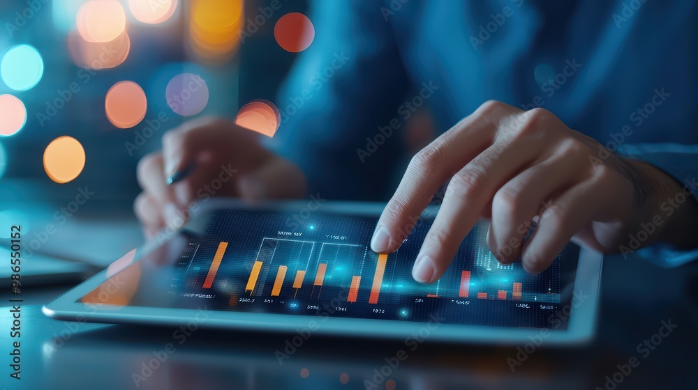 Poster professional analyzing business data on tablet with vibrant graphs and charts in a modern workspace.