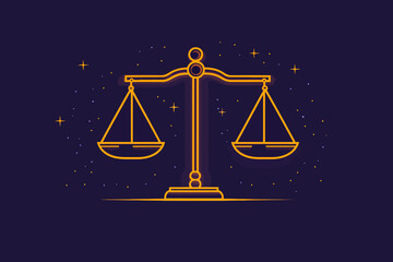 Golden Scales of Justice: A celestial-inspired illustration of justice, with a golden scale against a dark blue background with stars. Evoking themes of balance, fairness, and law. 