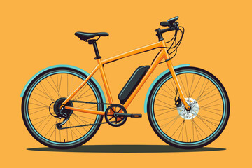 Obraz premium Orange Electric Bicycle on Yellow Background: A sleek and modern electric bicycle with a vibrant orange frame against a sunny yellow background, showcasing a sustainable and eco-friendly mode of trans