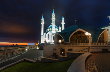 Kul Sharif Mosque, Kazan, Tatarstan, Russia. Night view of the main attraction of the Kazan Kremlin