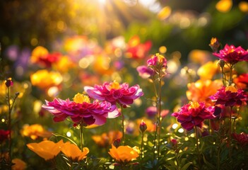 Fototapeta premium vibrant garden bursting colorful blooms lush greenery showcasing kaleidoscope floral beauty, rainbow, lgbtq, lgbt, pride, love, equality, blooming, flowers