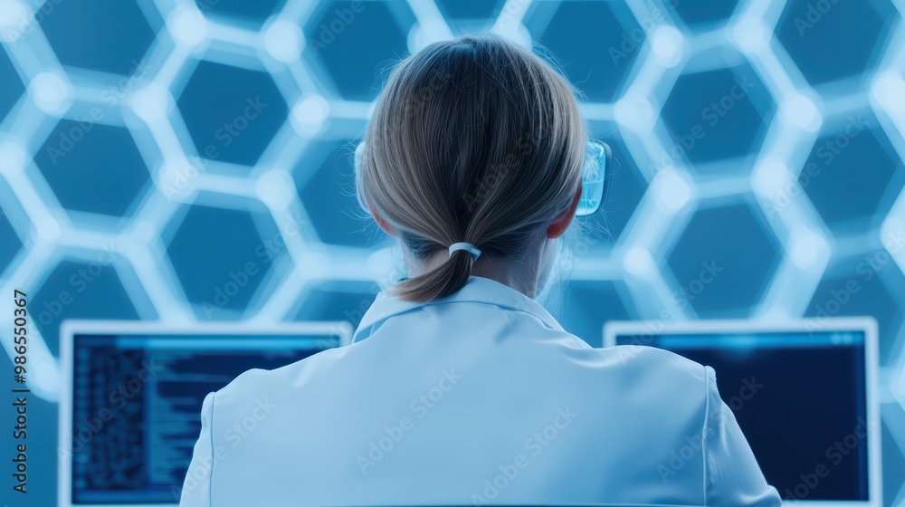 Poster scientist analyzing data in a modern lab with a high-tech background.