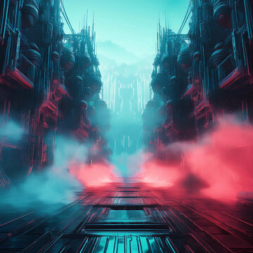 Un'immagine immersiva di una strada futuristica avvolta da fumo colorato che danza nell'aria, creando un'atmosfera eterea e surreale. Le luci neon, che riflettono sulle superfici lisce della strada