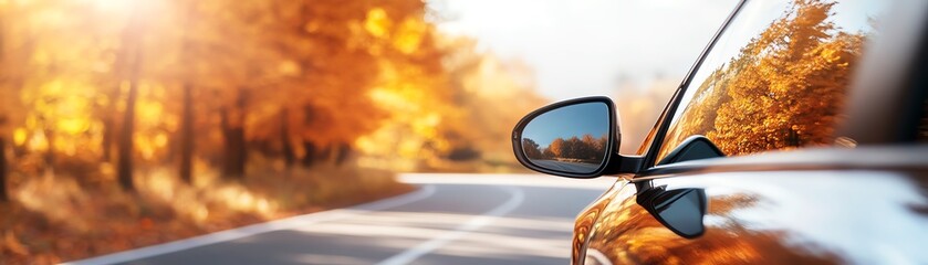 A car driving down a scenic road lined with colorful autumn trees under a bright sun, captured from the side mirror's perspective.