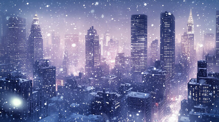 Fototapeta premium Urban Frost: Wintery Cityscape with Towering Snow-Capped Skyscrapers